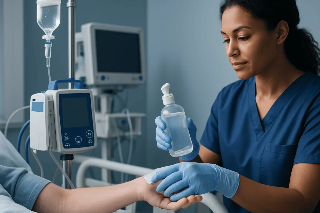 Healthcare professional disinfecting a patient's hand with alcohol sanitizer.