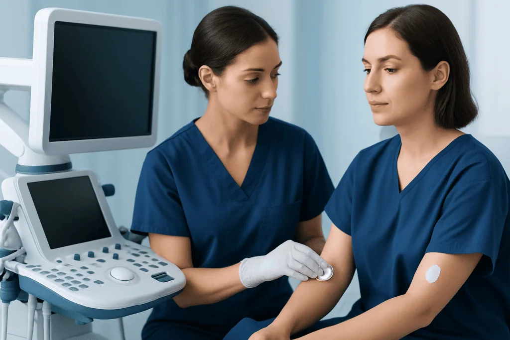 Medical professionals performing a procedure on a patient's arm in a hospital setting.