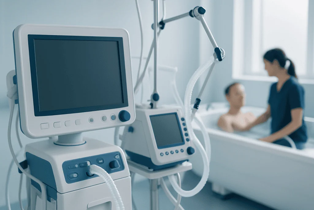 Medical ventilator and monitoring equipment in hospital room.