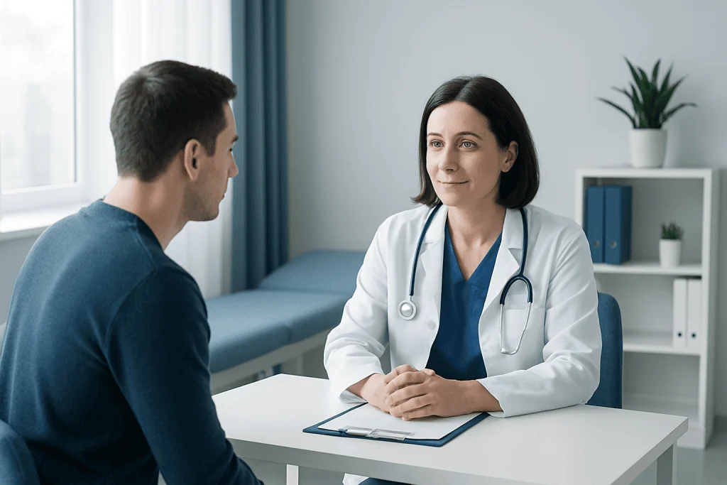 Doctor consulting with a patient in a modern medical office.