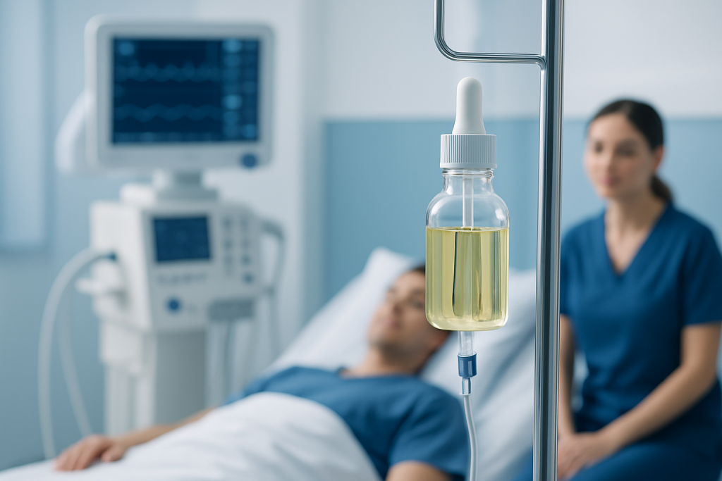 Intravenous drip in hospital room with patient and nurse.