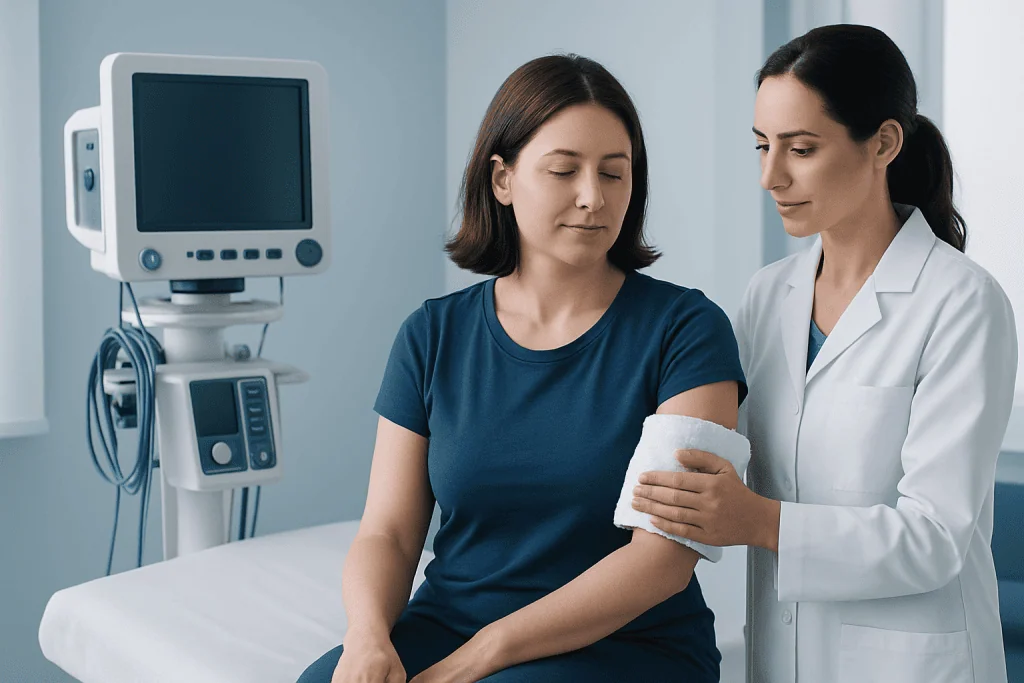 Doctor applying a warm compress to a patient's arm in a hospital setting.