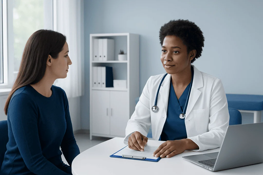 Doctor consulting with patient in a modern medical office.