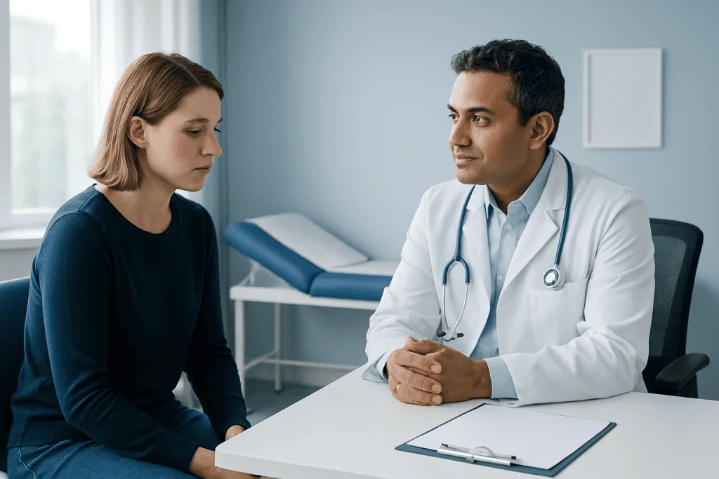Doctor consulting with a female patient in a medical office.