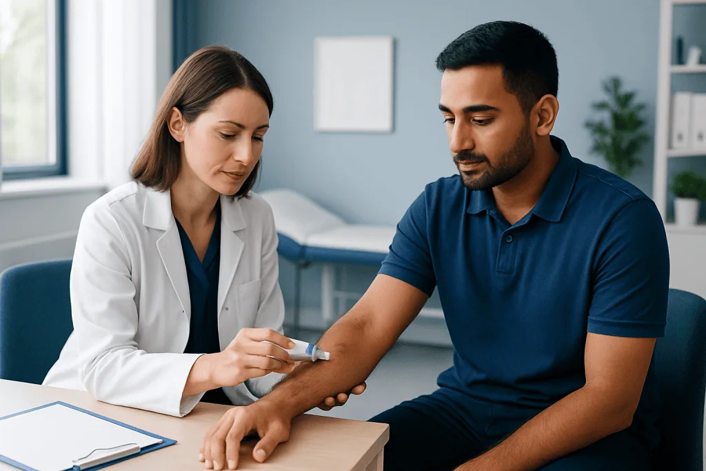 Doctor applying medication to patient's arm in a clinical setting.