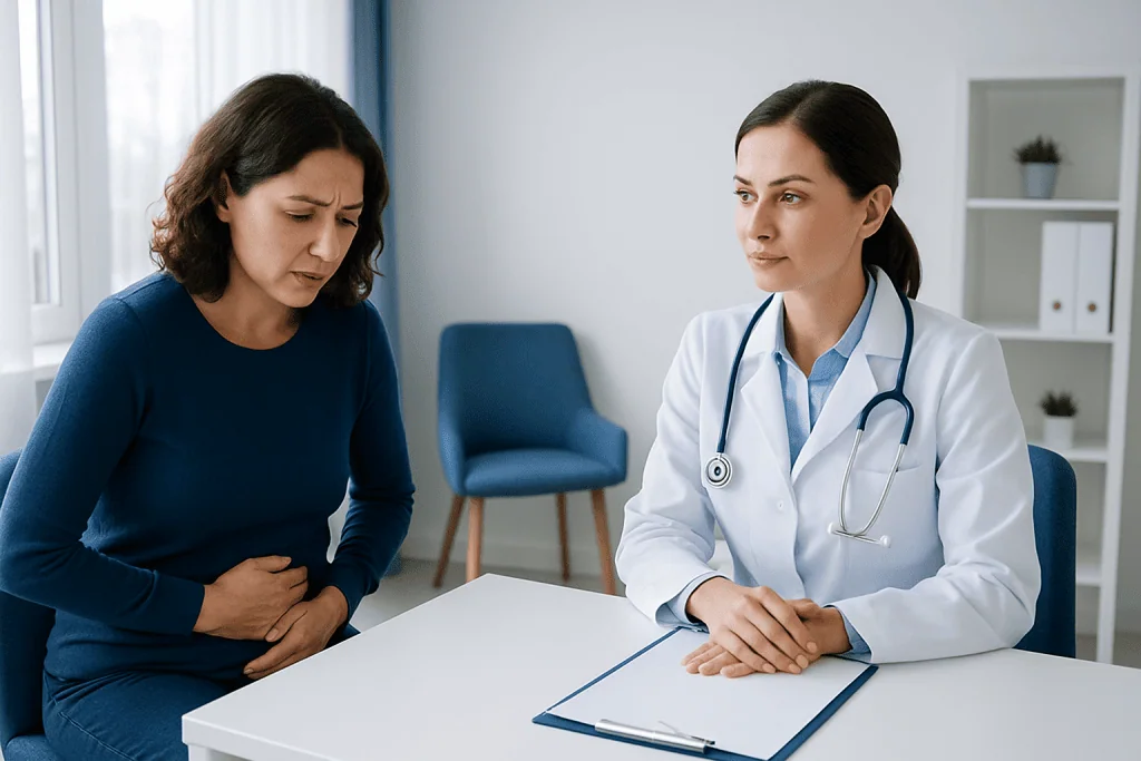 Doctor consulting a patient about abdominal pain in a medical office.
