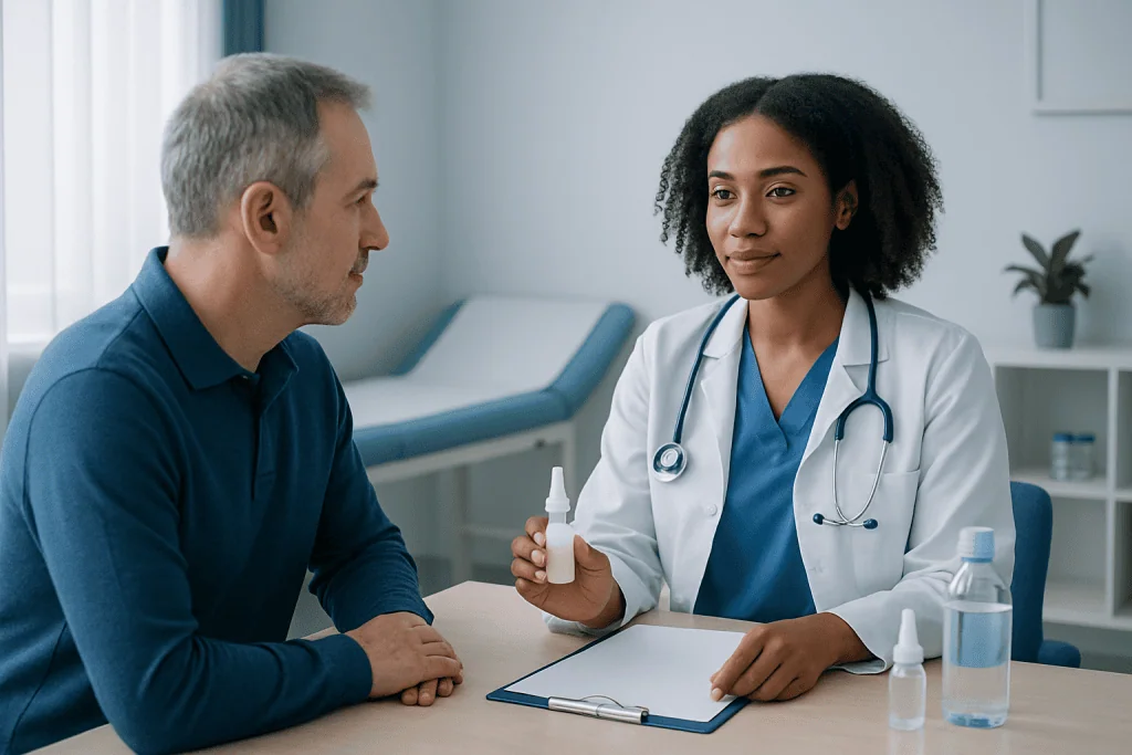 Doctor explaining medication to patient in clinic setting.