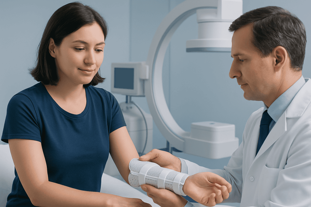 Doctor applying a splint to a patient's arm in a medical clinic.