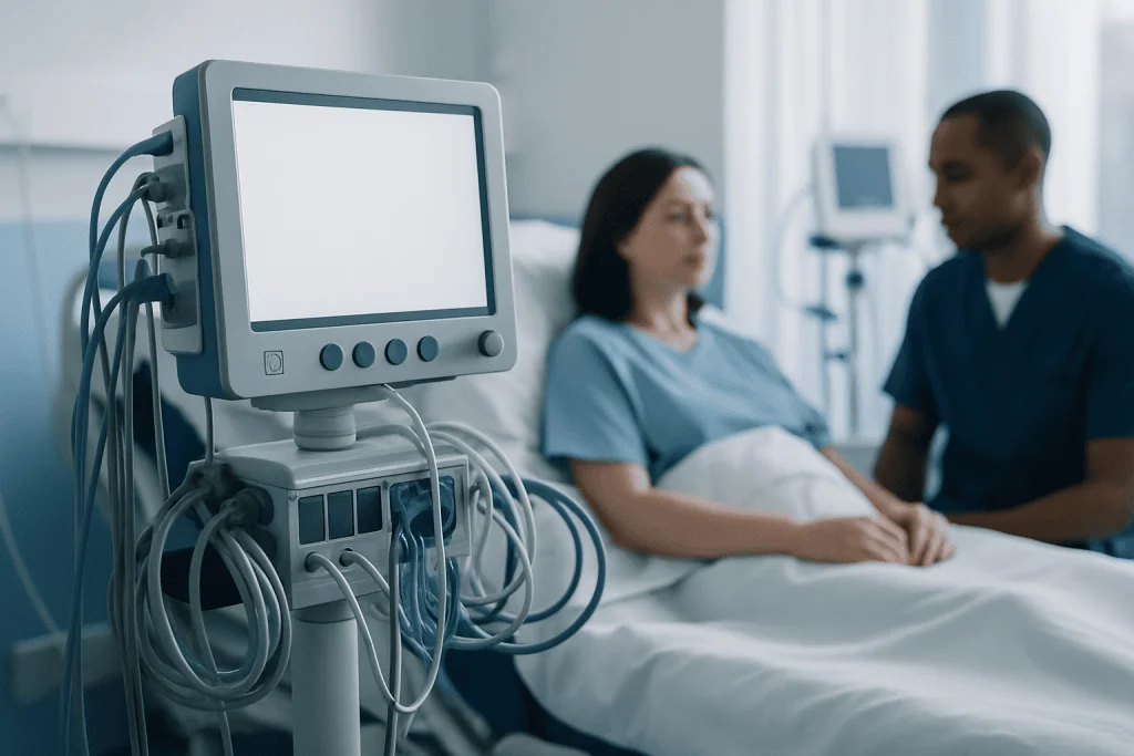 Hospital patient monitoring equipment in a medical setting.