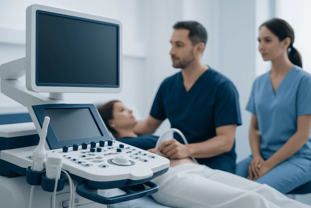 Medical professionals perform an ultrasound examination on a patient in a hospital room.