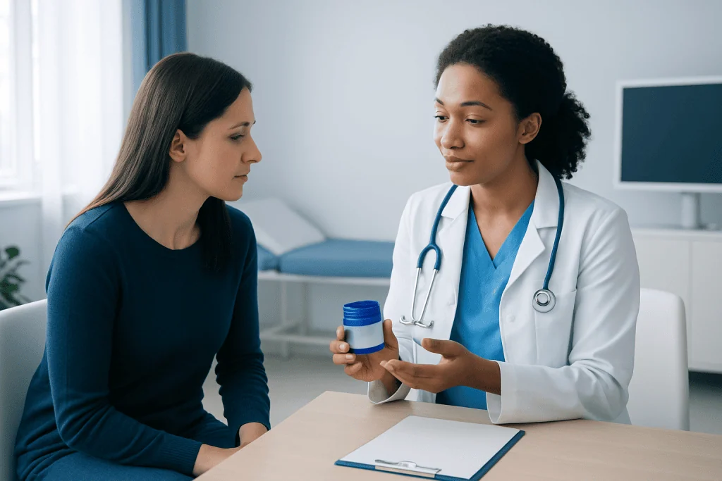 Doctor explaining medication to patient in a clinical setting.