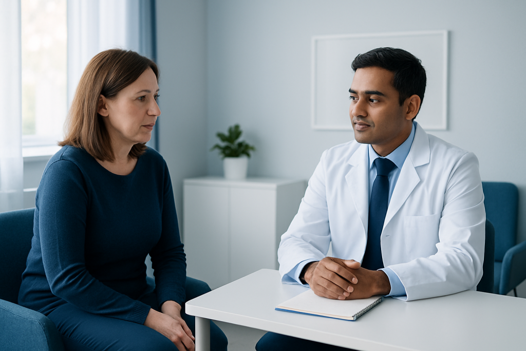 Doctor consulting with a female patient in a modern clinic setting.