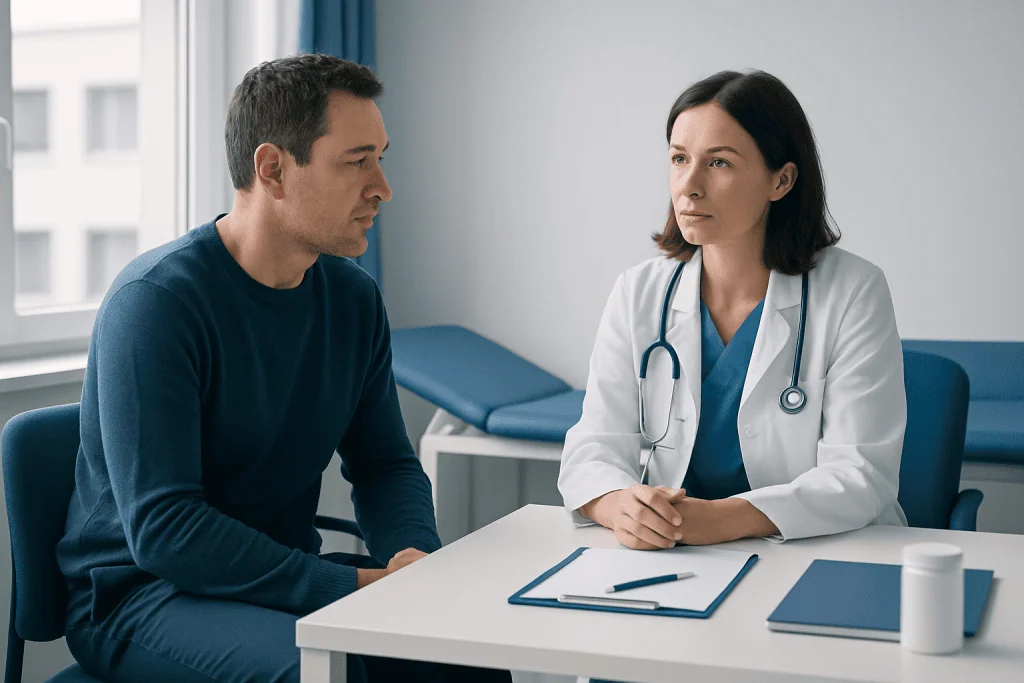 Doctor consulting with a male patient in a medical office setting.