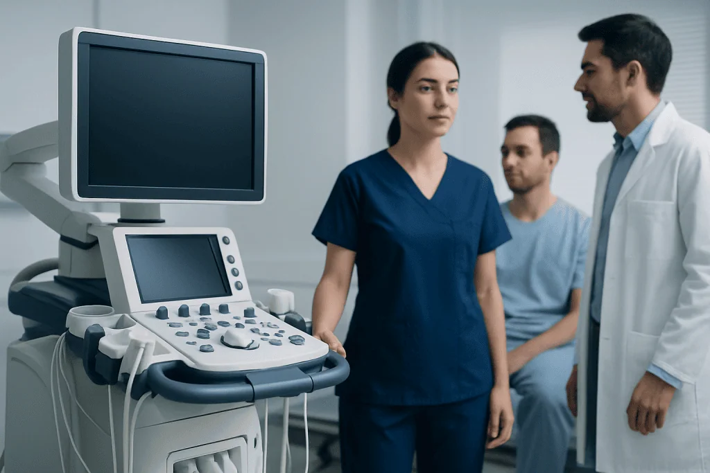 Medical professionals in a hospital room with ultrasound equipment.