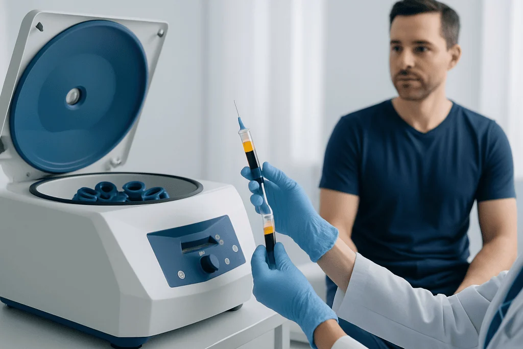 Laboratory technician preparing a sample for centrifugation in a medical lab.