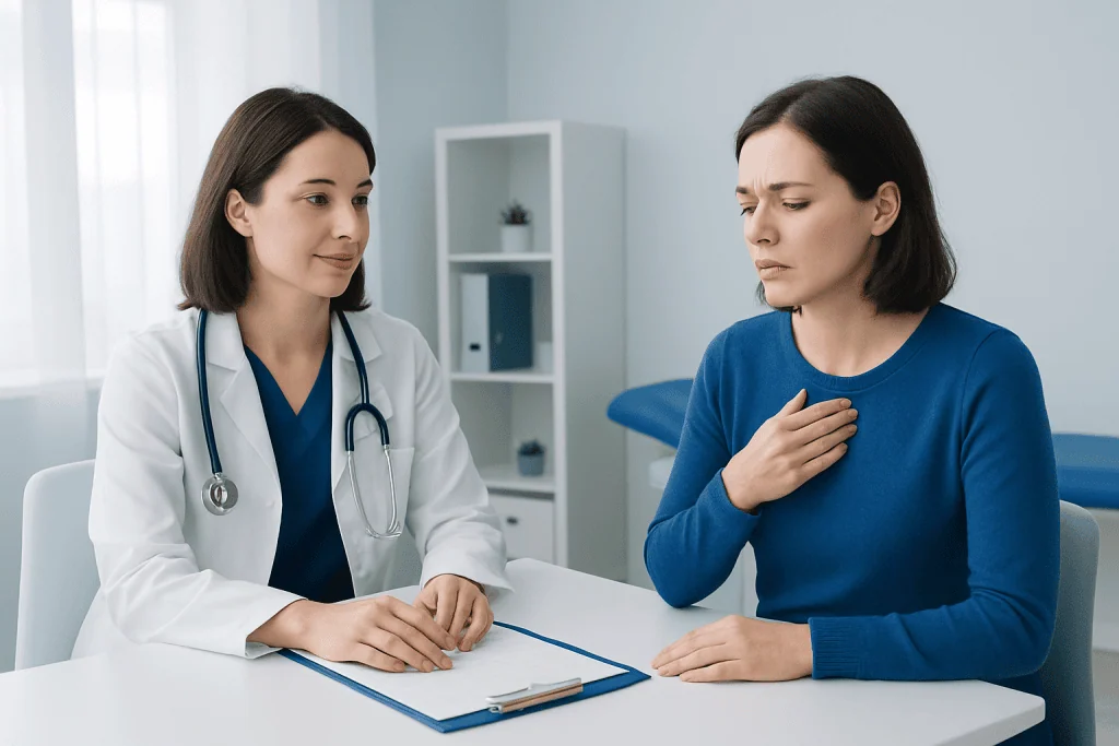 Doctor consulting a patient with chest discomfort in a medical office.