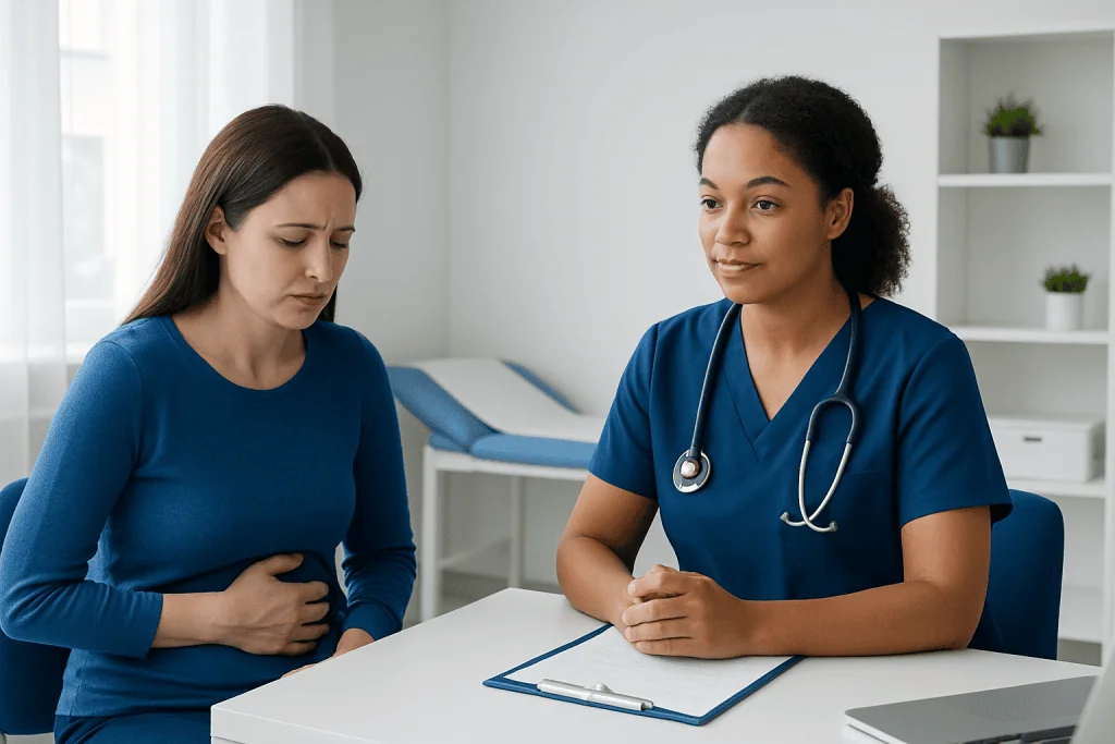 Doctor consulting a patient about nausea medication in a clinical setting.