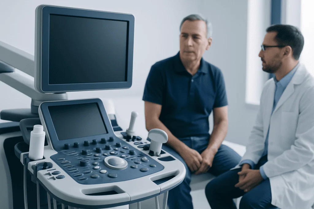 Medical consultation with ultrasound equipment at Acibadem Hospitals Group.
