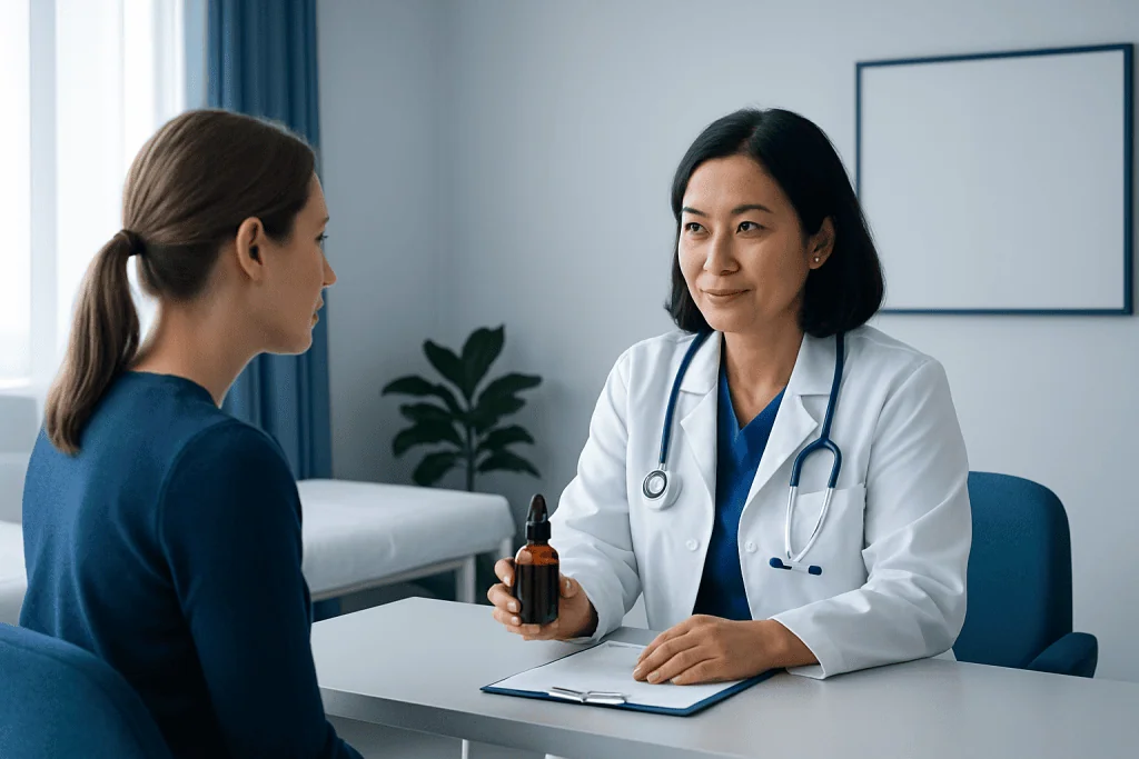 Doctor consulting with patient in a modern hospital room.
