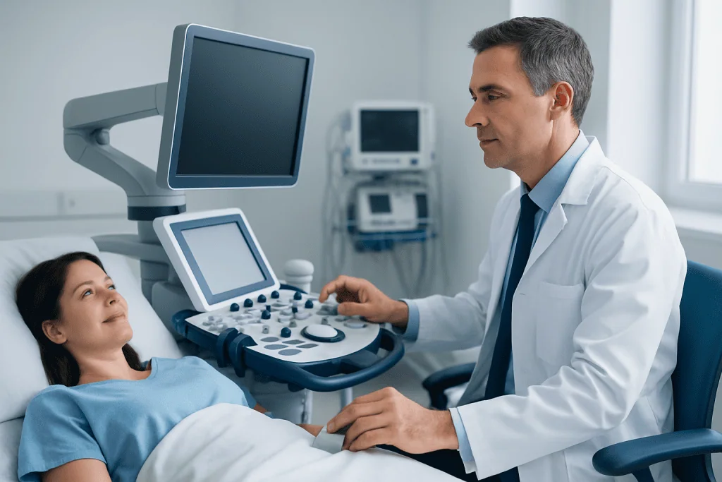 Doctor performing an ultrasound on a patient in a hospital room.