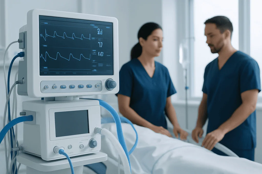 Medical ventilator and healthcare professionals in hospital room.