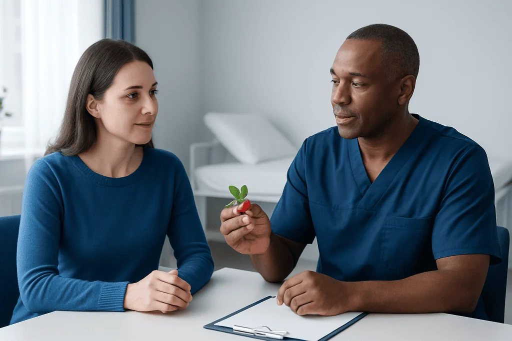 Doctor explaining treatment options to a patient in a consultation room.