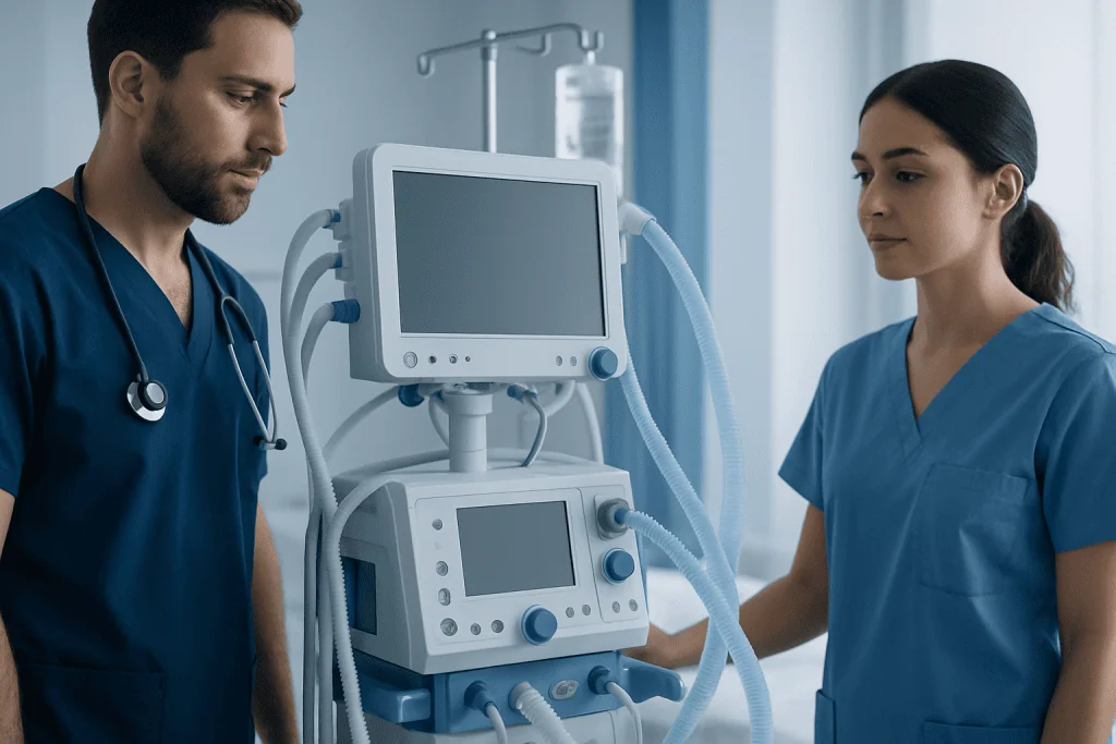 Medical professionals operating ventilator in hospital setting.