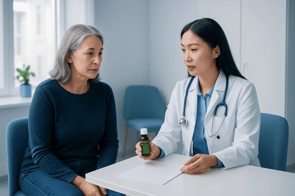 Doctor explaining peppermint oil benefits to an elderly patient in a clinic.