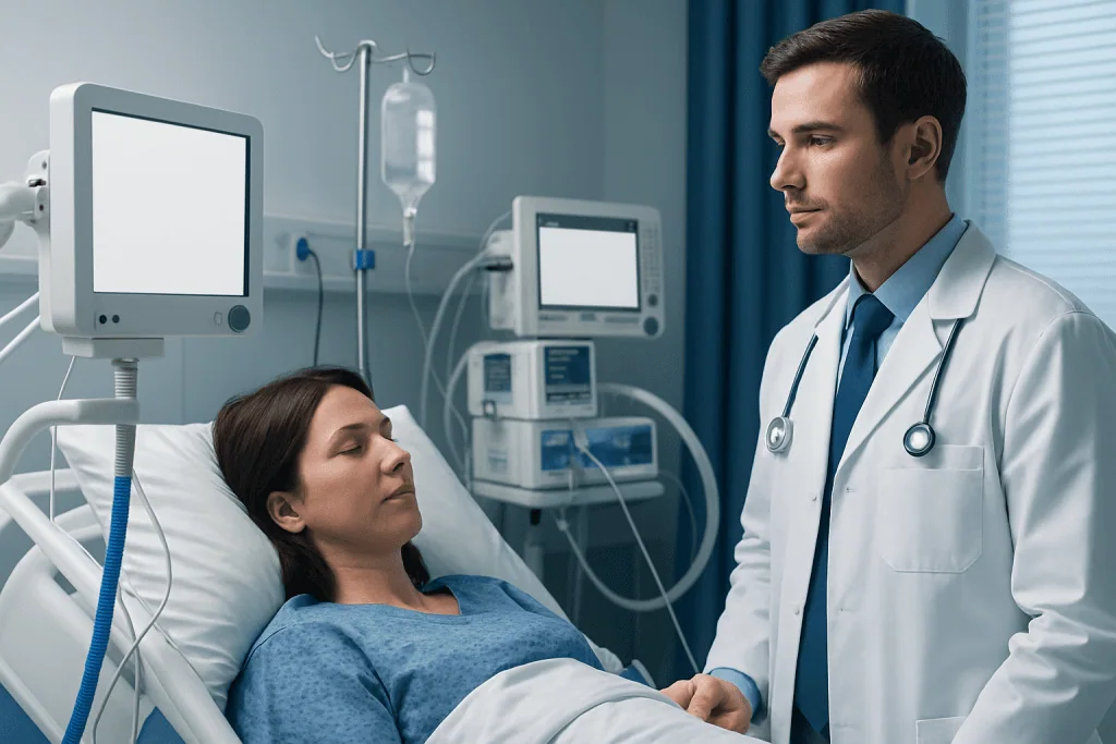 Doctor consulting a patient in a hospital room with medical equipment.