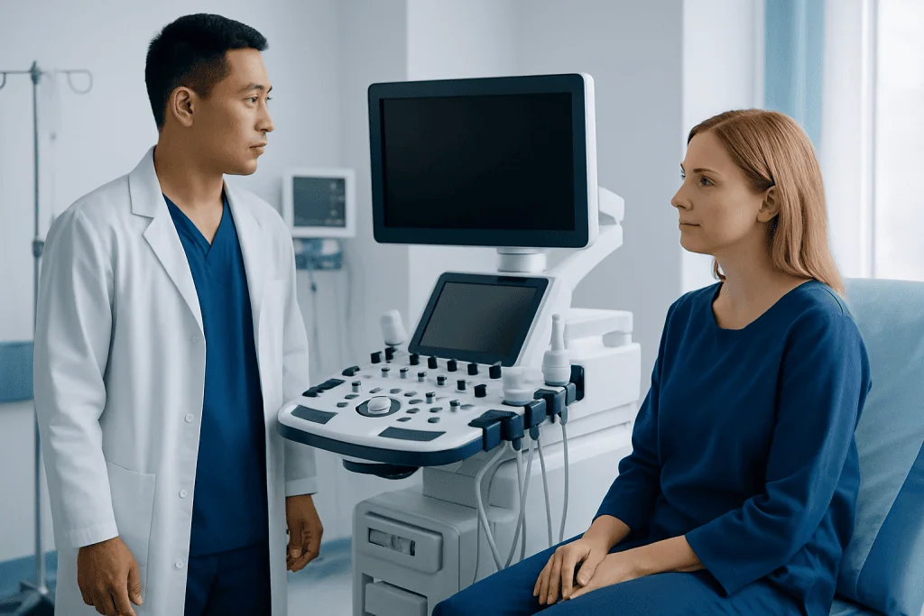 Doctor and patient in a hospital consultation room with ultrasound equipment.