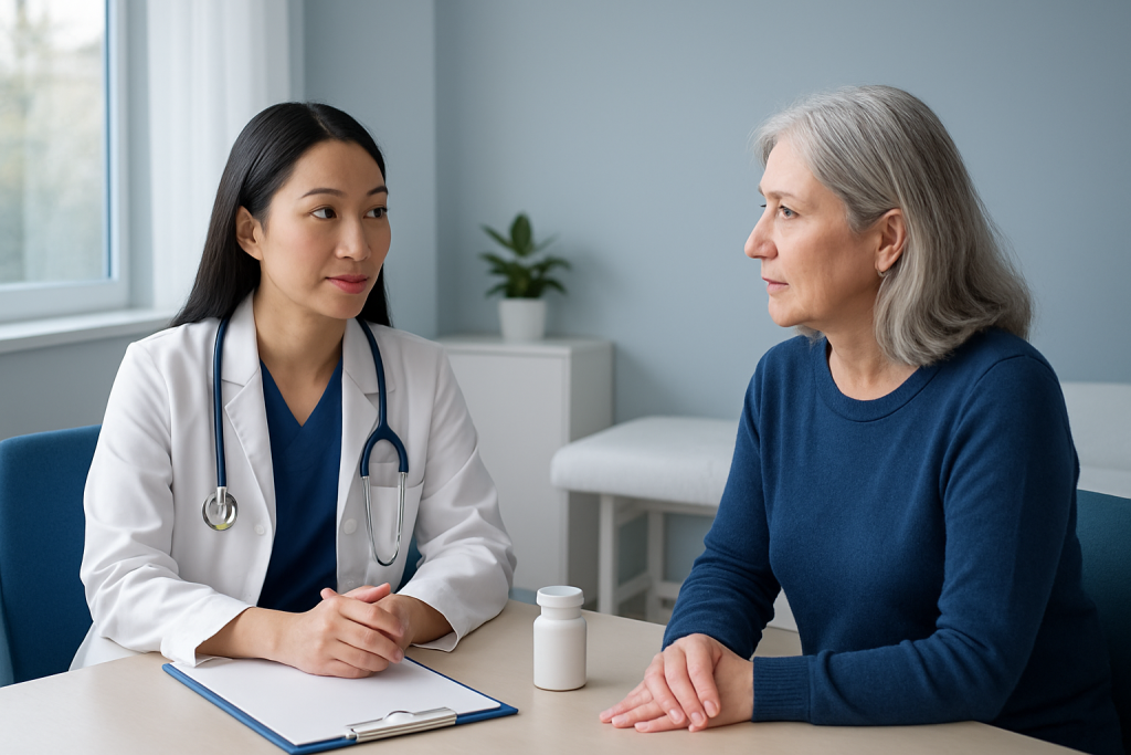 Doctor consulting with an elderly female patient in a medical office.