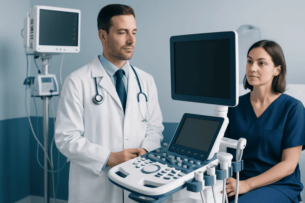 Medical professionals using ultrasound equipment in a hospital setting.