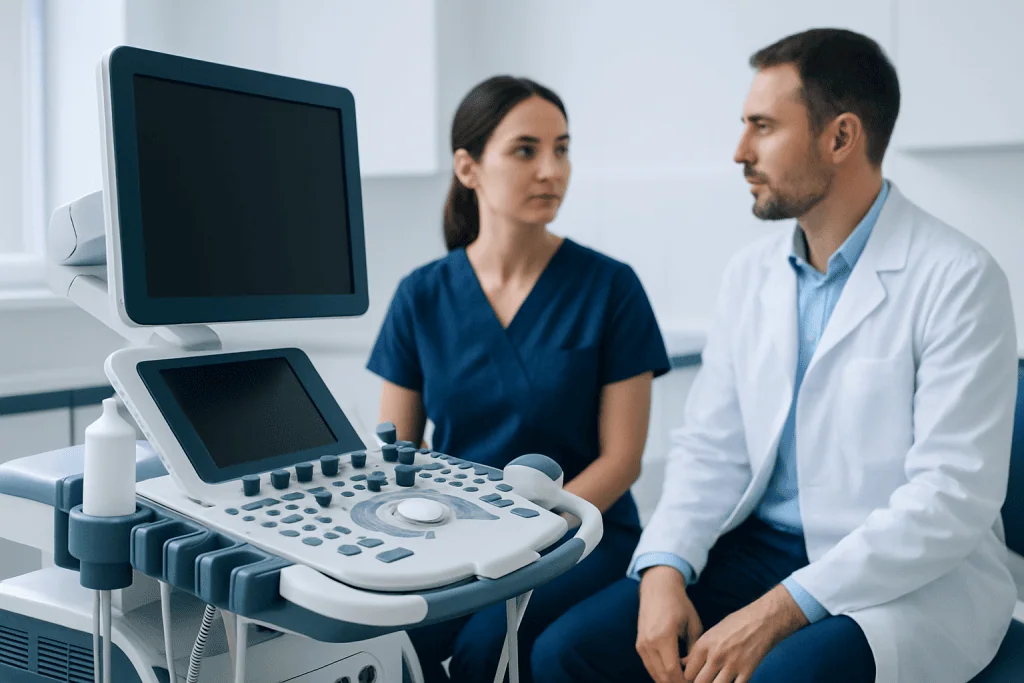 Medical consultation with ultrasound equipment at Acibadem Hospitals Group.