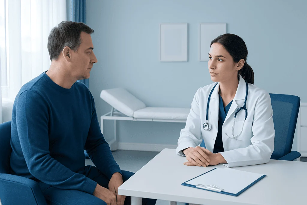 Doctor consulting with male patient in a modern hospital room.
