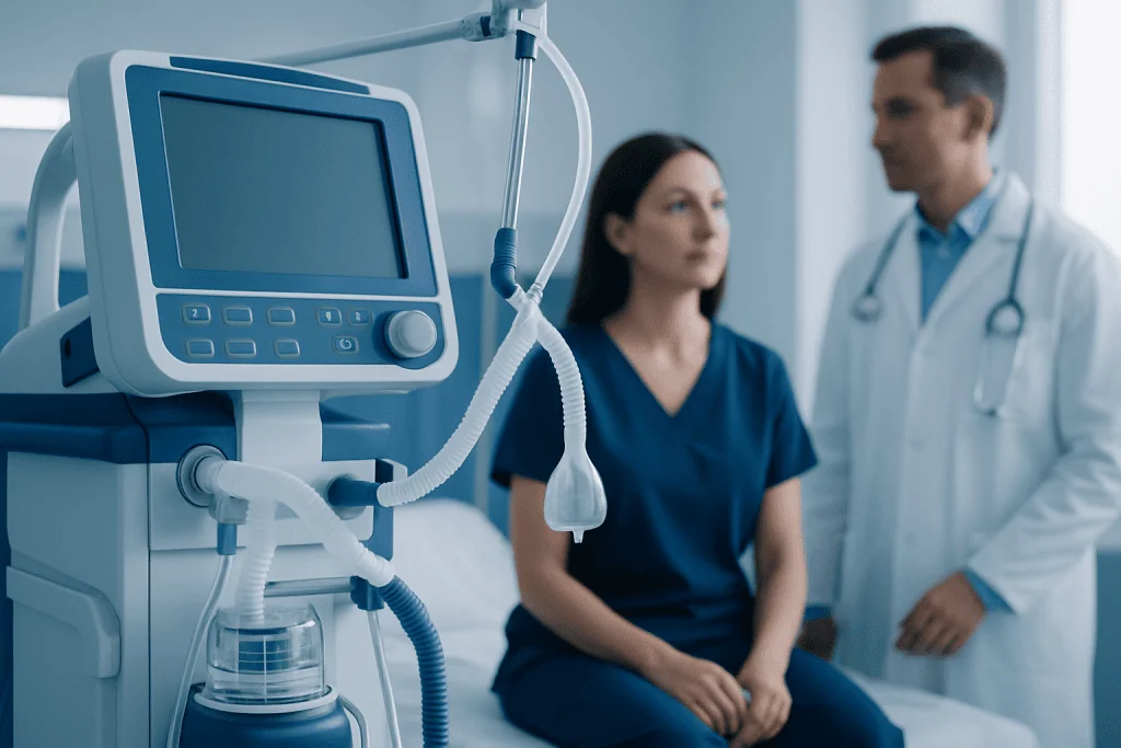 Medical ventilator and healthcare professionals in a hospital setting.