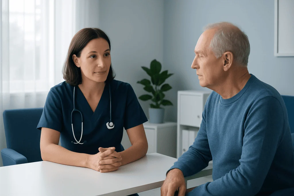 Doctor consulting with an elderly male patient in a medical office.