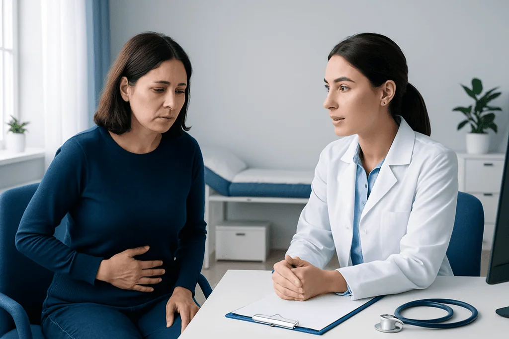 Doctor consulting with a patient about abdominal pain in a medical office.