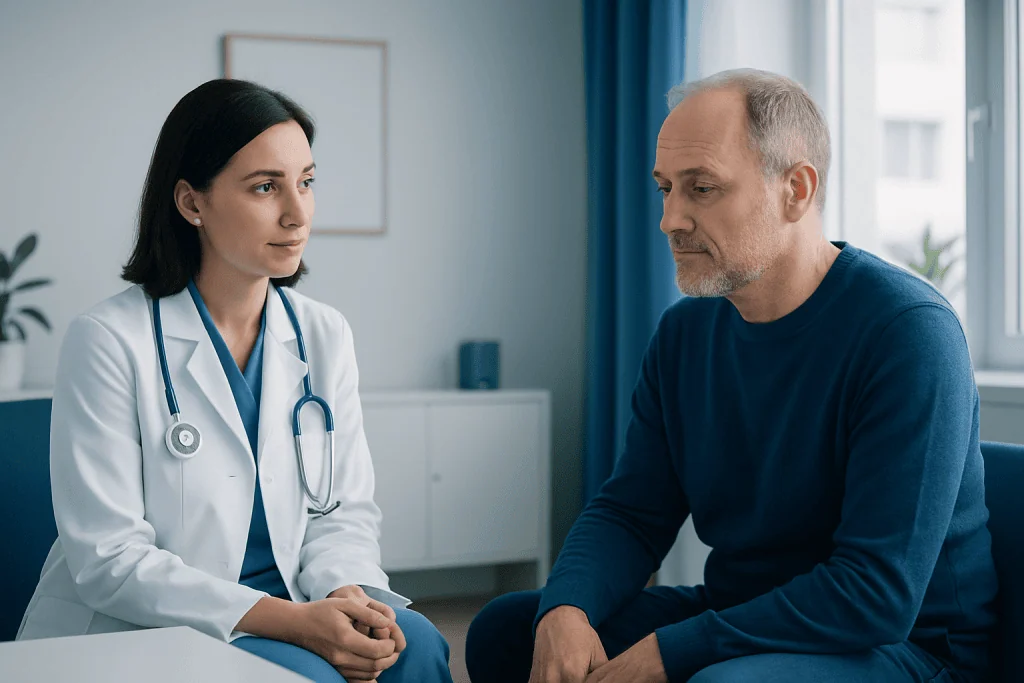 Doctor consulting with a male patient in a medical office setting.