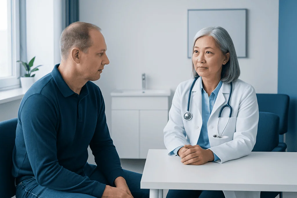 Doctor consulting with a patient in a modern medical office.