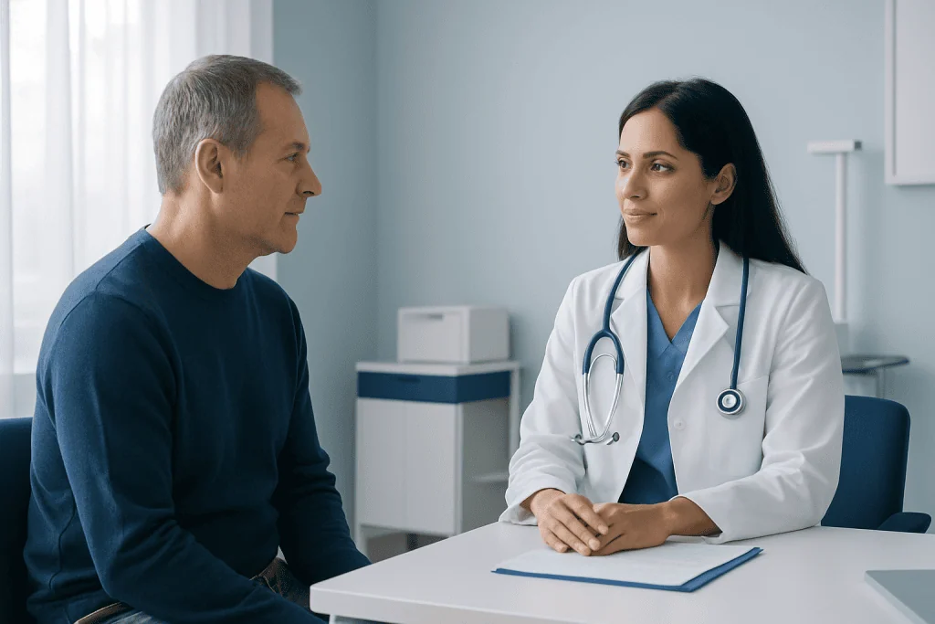 Doctor consulting with a male patient in a medical office.