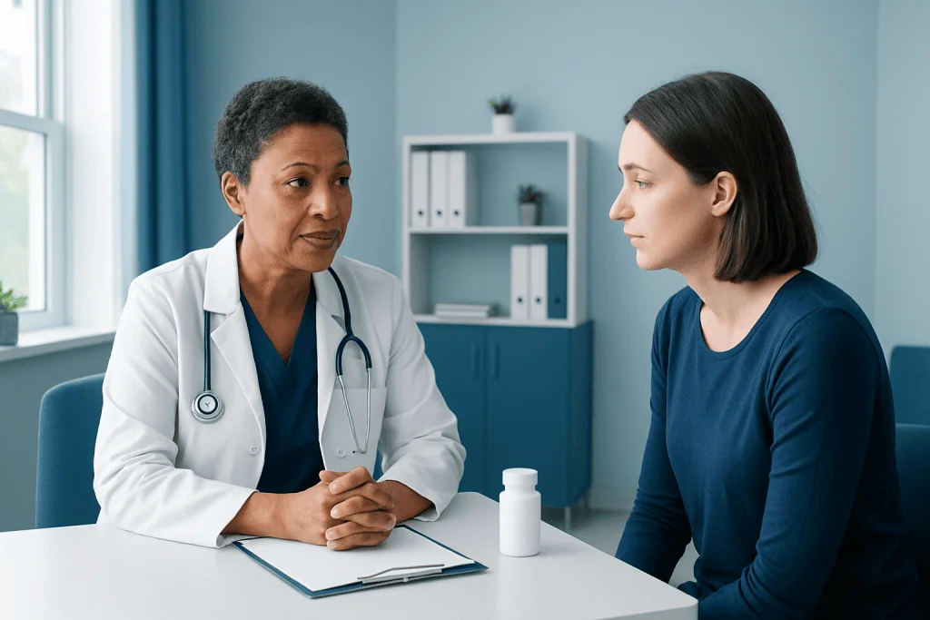 Doctor consulting with a patient in a modern medical office.
