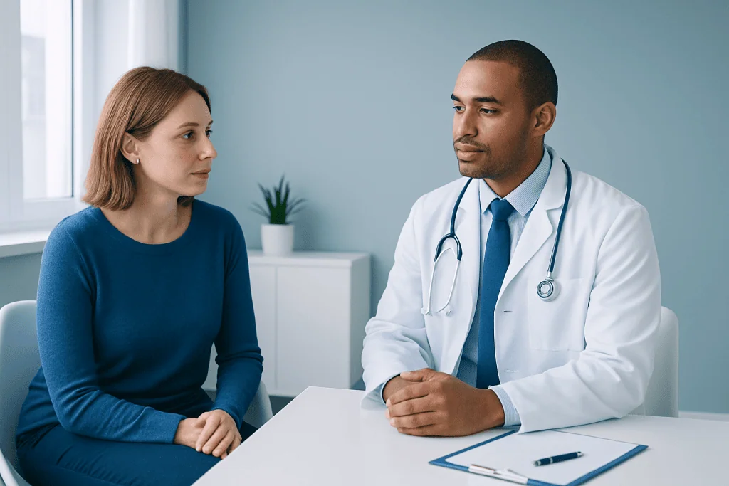 Doctor consulting with a female patient in a modern clinic setting.