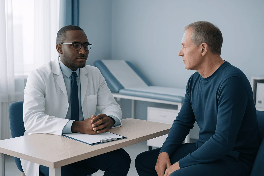 Doctor consulting with a male patient in a medical office setting.