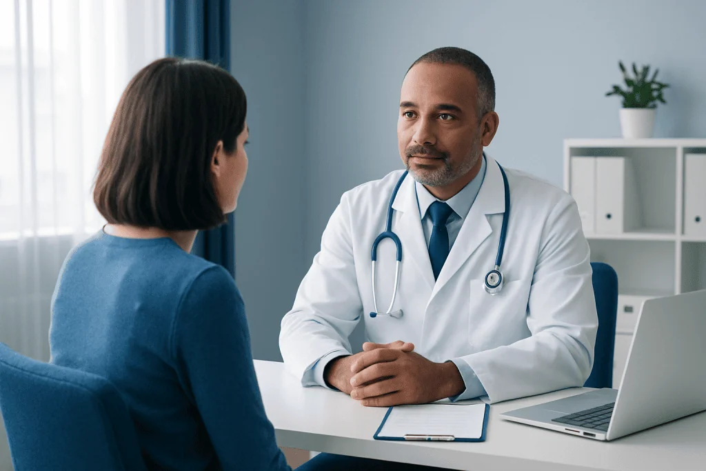 Doctor consulting a patient in a modern medical office.