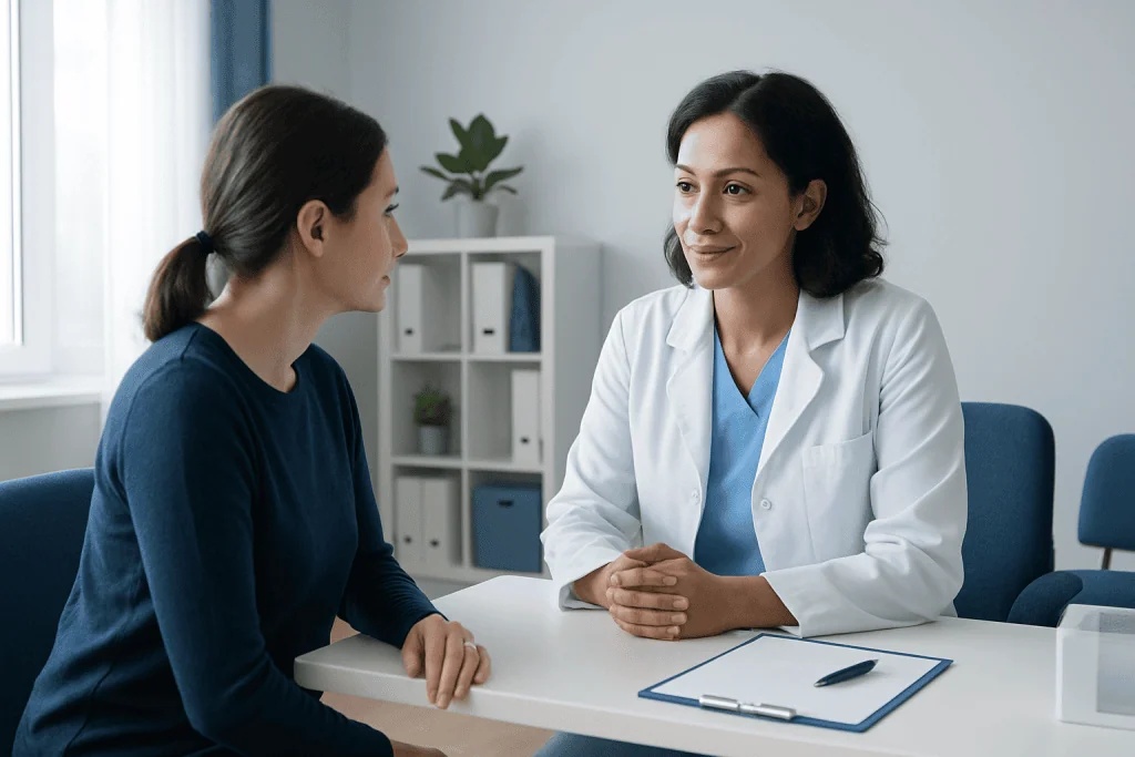 Doctor consulting with a patient in a modern medical office.