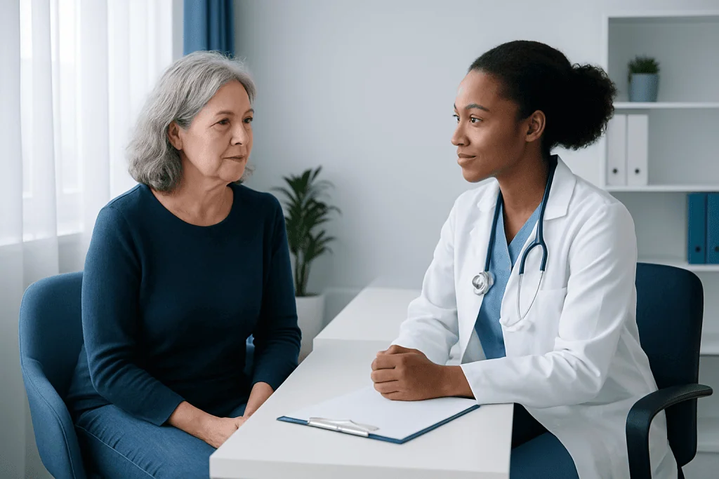 Doctor consulting with an elderly female patient in a medical office.