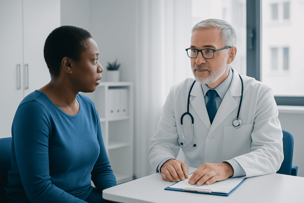 Doctor consulting with a patient in a modern medical office.