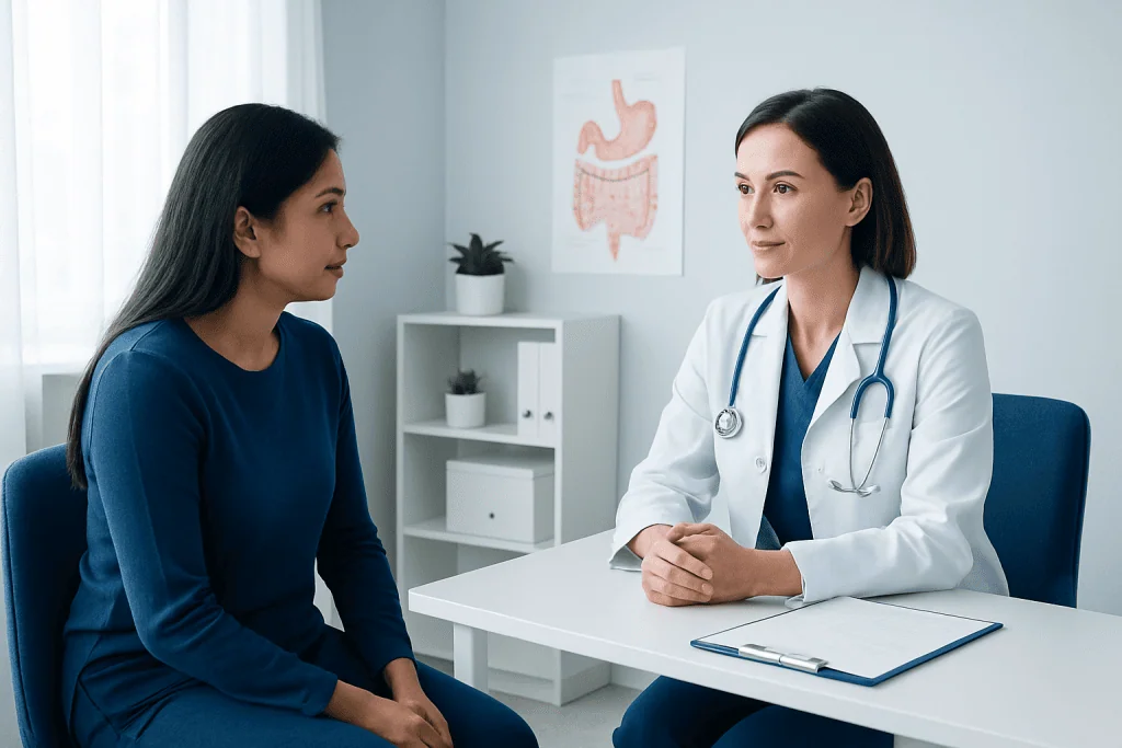 Doctor consulting patient in a medical office with stomach diagram on the wall.