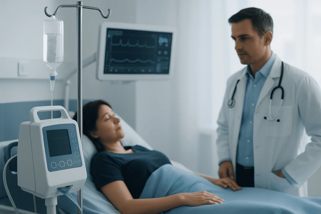 Doctor consulting with patient in hospital room with medical equipment.