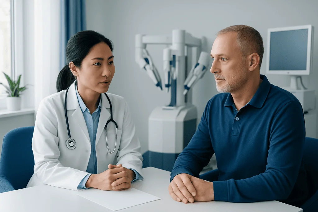 Doctor consulting with patient in a modern hospital setting.